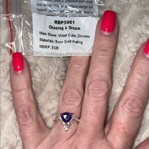 Rose Gold Plated Ring with Violet Heart-Cut Cubic Zirconia